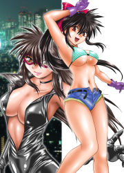 Rule 34 | 1girl, armpits, bare shoulders, belt, bikini, bikini top only, black bodysuit, bodysuit, bow, breasts, brown eyes, brown hair, catsuit, center opening, choker, city, cleavage, cover, cover page, cutoffs, denim, denim shorts, domino mask, dual persona, elbow gloves, gloves, hair bow, large breasts, latex, latex gloves, lipstick, long hair, makeup, makunouchi deluxe, manabe jouji, mask, mikura rei, navel, night, open belt, open bodysuit, open clothes, open fly, ponytail, short shorts, shorts, solo, swimsuit, unbuckled, unbuttoned, underboob, unzipped