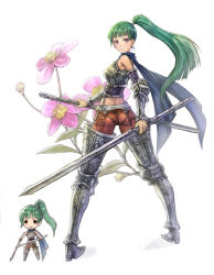 Rule 34 | 1girl, armor, docoi, dual persona, fantasy, green hair, long hair, md5 mismatch, original, ponytail, resolution mismatch, solo, source smaller, sword, weapon