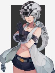 Rule 34 | 1girl, absurdres, animal ear fluff, animal ears, arknights, bare shoulders, black gloves, cliffheart (arknights), commentary request, denim, denim shorts, fur trim, gloves, hair between eyes, hat, highres, hiiragi mikoto, leopard ears, leopard tail, looking at viewer, navel, short hair, short shorts, shorts, silver hair, smile, solo, tail