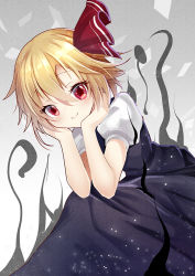 Rule 34 | 1girl, black skirt, black vest, blonde hair, blush, commentary request, eyelashes, feet out of frame, gradient background, grey background, hair between eyes, hair ribbon, hands up, head rest, knees up, light particles, looking at viewer, puffy short sleeves, puffy sleeves, red eyes, red ribbon, ribbon, rumia, shirt, short hair, short sleeves, sitting, skirt, smile, solo, touhou, vest, white background, white shirt, z.o.b