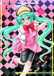 Rule 34 | 1girl, aosuke (ayakawa akito), bespectacled, blush, character name, checkered background, detective, fang, footprints, glasses, green eyes, green hair, hat, hatsune miku, heart, highres, long hair, magnifying glass, matching hair/eyes, open mouth, solo, twintails, very long hair, vocaloid