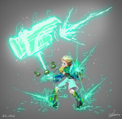 Rule 34 | 1boy, anime coloring, blonde hair, blue hair, blue jacket, boots, character request, child, electricity, electrokinesis, fang, fur-trimmed jacket, fur trim, glowing, glowing weapon, grin, hammer, high collar, highres, huge weapon, jacket, male focus, open clothes, open jacket, shirt, sledgehammer, smile, spiked hair, weapon, white shirt, yurakusai