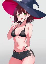 Rule 34 | 1girl, :p, bikini, black bikini, black hat, black shorts, breasts, character request, collarbone, commentary request, copyright request, green eyes, grey background, hat, heart, highres, kamidan, looking at viewer, medium breasts, navel, red hair, short shorts, shorts, simple background, solo, swimsuit, thighs, tongue, tongue out, witch hat