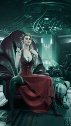 Rule 34 | 3d, alcohol, animal ears, asymmetrical hair, bare shoulders, blonde hair, bracelet, breasts, buttons, chair, cleavage, cup, dress, drinking glass, eyeshadow, femdom, final fantasy, final fantasy vii, final fantasy vii remake, high heels, human furniture, indoors, jewelry, large breasts, leguymelef, leguymelef, lipstick, makeup, mascara, nail polish, necklace, purple eyeshadow, red dress, red footwear, red nails, scarlet (ff7), sitting, smile, soldier, spread legs, thighhighs, watermark, wine, wine glass