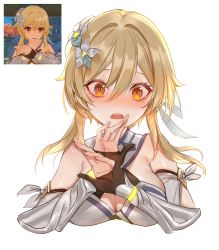 Rule 34 | 1girl, bare shoulders, blonde hair, blush, breasts, cleavage, derivative work, detached collar, detached sleeves, dress, feather hair ornament, feathers, flower, genshin impact, gloves, hair between eyes, hair flower, hair ornament, highres, large breasts, lumine (genshin impact), medium hair, open mouth, partially fingerless gloves, pottsness, reference inset, screenshot inset, screenshot redraw, short hair with long locks, solo, surprised, white background, white dress, white flower, yellow eyes