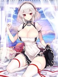 Rule 34 | 1girl, anchor, apron, azur lane, bed sheet, black dress, black ribbon, curtains, dress, eyelashes, flower, frilled dress, frilled sleeves, frills, hair ribbon, hairband, highres, instrument, kyundoo, looking at viewer, neck garter, parted lips, petals, pillar, puffy short sleeves, puffy sleeves, red eyes, red ribbon, ribbon, rock, rose, rose petals, short sleeves, sirius (azur lane), sitting, skirt hold, solo, thigh strap, thighhighs, tree, two-tone hairband, violin, waist apron, water, white apron, white flower, white rose, white thighhighs, window