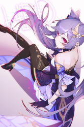 Rule 34 | 1girl, absurdres, backless outfit, black footwear, black pantyhose, chinese commentary, floating hair, from above, genshin impact, hair behind ear, hair horns, heitian keji, high heels, highres, keqing (genshin impact), looking up, pantyhose, purple skirt, red eyes, skirt, solo, twintails