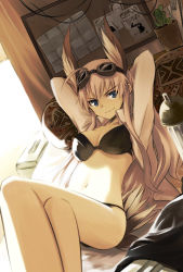 Rule 34 | 1girl, ahoge, animal ears, arms behind head, bed, bikini, black bikini, blonde hair, blue eyes, breasts, cactus, crossed legs, dutch angle, goggles, goggles on head, hanna-justina marseille, head wings, light smile, long hair, looking at viewer, lying, medium breasts, navel, on back, open clothes, open shirt, photo (object), plant, potted plant, sandwich (artist), shirt, solo, strike witches, swimsuit, tail, tsuchii (ramakifrau), wings, witches of africa, world witches series