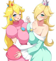 Rule 34 | 2girls, :d, aikome (haikome), aqua eyes, bare shoulders, blonde hair, blue eyes, blush, breast press, breasts, brooch, cleavage, crown, dress, earrings, elbow gloves, gloves, hair over one eye, holding hands, highres, hug, interlocked fingers, jewelry, large breasts, long hair, mario (series), multiple girls, nintendo, off-shoulder dress, off shoulder, one eye closed, open mouth, princess peach, puffy short sleeves, puffy sleeves, rosalina, short sleeves, simple background, smile, symmetrical docking, very long hair, white background, white gloves