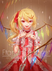 Rule 34 | 1girl, adapted costume, blonde hair, blood, blood on face, blood on clothes, character name, fangs, flandre scarlet, hair between eyes, hair ribbon, highres, looking at viewer, open mouth, puffy short sleeves, puffy sleeves, red eyes, red ribbon, red skirt, ribbon, short sleeves, side ponytail, skirt, skirt set, smile, solo, tongue, tongue out, touhou, wings, wrist cuffs, ze xia