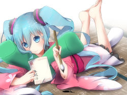 Rule 34 | 1girl, blue eyes, blue hair, hatsune miku, highres, japanese clothes, kimono, lying, matching hair/eyes, meimuu, on stomach, smile, solo, spring onion, twintails, vocaloid