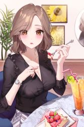 Rule 34 | 1girl, :o, absurdres, bad id, bad pixiv id, black shirt, blush, breasts, brown eyes, brown hair, cake, cake slice, chair, cleavage, collarbone, cup, drawing (object), drink, drinking glass, drinking straw, earrings, food, food on face, fork, fruit, hand on own chest, highres, holding, holding fork, ice, ice cube, impossible clothes, impossible shirt, indoors, jewelry, large breasts, lichiko, lime (fruit), lime slice, long sleeves, looking at viewer, official art, open mouth, original, shirt, short hair, sitting, solo, table, watch, wooden floor, wristwatch