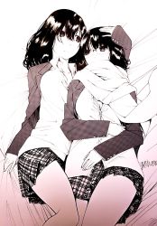 Rule 34 | 2girls, arm pillow, black hair, blazer, blush, breasts, cleavage, collared shirt, cowboy shot, glasses, hand on another&#039;s head, highres, jacket, large breasts, long hair, long sleeves, looking at another, lying, medium hair, miniskirt, monochrome, multiple girls, ogino jun, on bed, original, partially unbuttoned, plaid, plaid skirt, pleated skirt, rimless eyewear, scarf, school uniform, sepia, shirt, skirt, sleeves past wrists, smile, thighs, untucked shirt, yuri
