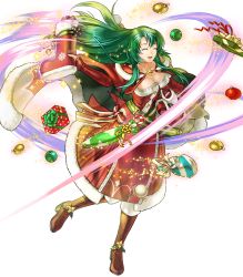 Rule 34 | 1girl, bag, belt, boots, box, breasts, cape, cecilia (fire emblem), cecilia (winter) (fire emblem), christmas ornaments, cleavage, closed mouth, collarbone, dress, elbow gloves, fire emblem, fire emblem: the binding blade, fire emblem heroes, full body, fur trim, gift, gift box, gloves, green hair, highres, holding, kita senri, knee boots, long hair, looking at viewer, looking away, medium breasts, nintendo, official art, open mouth, pom pom (clothes), red dress, red footwear, ribbon, smile, solo, sparkle, strapless, strapless dress, transparent background