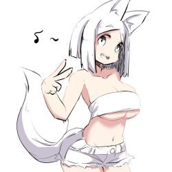 Rule 34 | 1girl, :d, animal ear fluff, animal ears, bad id, bad pixiv id, bandeau, breasts, cleavage, cowboy shot, eighth note, fox ears, fox girl, fox tail, hand up, large breasts, musical note, navel, open mouth, original, sharp teeth, short hair, short shorts, shorts, simple background, smile, solo, tail, tail raised, teeth, u-non (annon&#039;an), v, white background, white bandeau, white eyes, white hair, white shorts