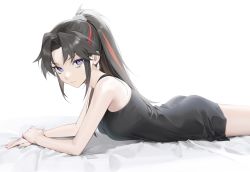 Rule 34 | 1girl, ass, black dress, black hair, breasts, closed mouth, dress, from side, han&#039;you no yashahime, high ponytail, highres, inuyasha, long hair, looking at viewer, looking to the side, lying, medium breasts, multicolored hair, no, ohisashiburi, on stomach, own hands together, parted bangs, purple eyes, red hair, setsuna (inuyasha), short dress, sidelocks, simple background, sleeveless, sleeveless dress, solo, streaked hair, two-tone hair, v-shaped eyebrows, white background