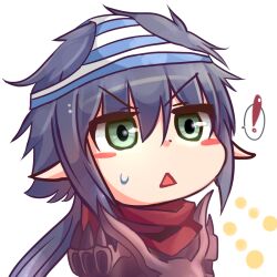 Rule 34 | !, 1boy, armor, blue panties, blush stickers, breastplate, commentary request, green eyes, grey hair, guillotine cross (ragnarok online), gyate gyate, hair between eyes, highres, lanmei jiang, long bangs, long hair, low ponytail, male focus, open mouth, panties, pointy ears, ragnarok online, red armor, red scarf, scarf, simple background, solo, spoken exclamation mark, striped clothes, striped panties, triangle mouth, underwear, upper body, v-shaped eyebrows, white background, white panties