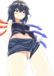 Rule 34 | 1girl, ?, arm behind back, black hair, black shirt, black shorts, blush, breasts, brown eyes, censored, closed mouth, commentary request, cowboy shot, dated, from below, hair between eyes, highres, houjuu nue, kisamu (ksmz), lifting own clothes, light censor, medium breasts, navel, no panties, pussy, shirt, short hair, shorts, shorts lift, simple background, sleeveless, solo, stomach, touhou, upshorts, white background