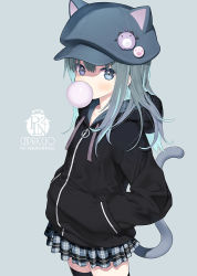 Rule 34 | 1girl, badge, bat (animal), black thighhighs, blue eyes, blowing bubbles, capriccio, cat tail, chewing gum, child, commentary, cowboy shot, drawstring, green hair, grey background, grey hair, hair between eyes, hands in pockets, hat, hat with ears, hood, hood down, hooded jacket, jacket, long hair, long sleeves, looking at viewer, multicolored hair, original, plaid, plaid skirt, pleated skirt, simple background, skirt, solo, tail, thighhighs