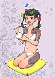 Rule 34 | 1girl, brown eyes, brown hair, bug, butterfly, eating, fish tattoo, full-body tattoo, insect, irezumi, koi, rice, tattoo