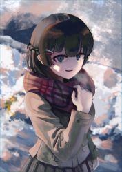 Rule 34 | 1girl, bad id, bad twitter id, beige jacket, black skirt, blue eyes, braid, breath, brown hair, from above, hair ornament, hairclip, highres, holding, holding clothes, holding scarf, kusami toka naku au, looking at viewer, looking up, nijisanji, open mouth, scarf, skirt, snow, solo, tsukino mito, tsukino mito (6th costume), virtual youtuber, winter
