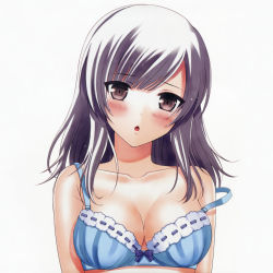 Rule 34 | 1girl, absurdres, blue bra, blush, bra, breasts, brown eyes, character request, cleavage, collarbone, head tilt, highres, long hair, looking at viewer, medium breasts, minamihama yoriko, off shoulder, open mouth, silver hair, simple background, solo, underwear, underwear only, upper body, white background