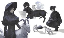 Rule 34 | 1girl, 2boys, androgynous, animal, animal ears, black capelet, black dress, black footwear, black fur, black hair, black headwear, black horns, black pants, bonnet, book, capelet, centauroid, cindymeimezu, closed eyes, closed mouth, collared capelet, collared dress, commentary, cowboy shot, cross, crossed arms, dress, frilled sleeves, frills, full body, goat, goat boy, goat ears, goat horns, goat tail, grey horns, hair over one eye, hand on own cheek, hand on own face, hands on own face, head rest, high collar, highres, holding, holding book, hooves, horns, inverted cross, juliet sleeves, long hair, long sleeves, monster boy, mouth hold, multiple boys, multiple views, open mouth, original, pants, puffy long sleeves, puffy sleeves, short hair, simple background, sitting, smile, speech bubble, squatting, stalk in mouth, symbol-only commentary, taur, unworn headwear, white background, white fur