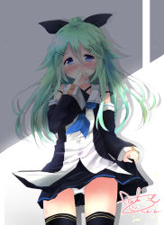 Rule 34 | 10s, 1girl, black thighhighs, blue eyes, blush, clothes lift, covering own mouth, green hair, highres, kantai collection, kouda suzu, lifting own clothes, long hair, panties, ponytail, ribbon, shirt, skirt, skirt lift, solo, thighhighs, underwear, white panties, yamakaze (kancolle)