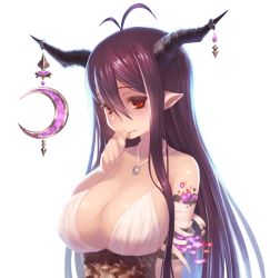 Rule 34 | (tat), 10s, 1girl, antenna hair, bare shoulders, biting, breasts, cleavage, danua, draph, dress, granblue fantasy, hair between eyes, horn ornament, horns, jewelry, large breasts, long hair, looking at viewer, nail biting, pointy ears, purple hair, red eyes, sideboob, solo, upper body, white dress