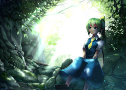 Rule 34 | 1girl, bad id, bad pixiv id, bush, collared shirt, daiyousei, dress, fairy wings, green eyes, green hair, loafers, matching hair/eyes, moss, nature, necktie, plant, pointy ears, pokio, river, rock, shirt, shoes, side ponytail, sitting, smile, solo, touhou, tree, wings