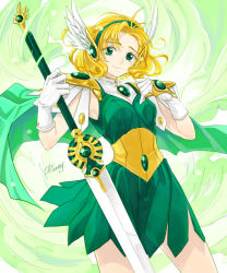 Rule 34 | 1girl, absurdres, antenna hair, blonde hair, closed mouth, cowboy shot, dress, gem, gloves, green dress, green eyes, green gemstone, green hairband, hair intakes, hairband, highres, holding, holding sword, holding weapon, hououji fuu, long hair, looking at viewer, magic knight rayearth, pinafore dress, short dress, signature, sleeveless, sleeveless dress, smile, solo, standing, sword, underbust, wata miya (shiro momen), weapon, white gloves