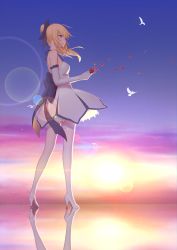 Rule 34 | 1girl, ahoge, artoria pendragon (all), artoria pendragon (fate), bare shoulders, blonde hair, dress, elbow gloves, fate/stay night, fate/unlimited codes, fate (series), gloves, gradient background, green eyes, hair ribbon, high heels, highres, long hair, long legs, official alternate costume, official alternate hairstyle, petals, ponytail, ribbon, saber (fate), saber (pure night dress) (fate), shoes, skirt, smile, solo, thighhighs, white dress, white gloves, white high heels, white thighhighs, xini m