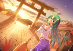 Rule 34 | 1girl, ahoge, ass, bare shoulders, blue skirt, broom, cloud, commentary, detached sleeves, dutch angle, female focus, frog hair ornament, from behind, gradient sky, green eyes, green hair, hair ornament, hair tubes, holding, kochiya sanae, leaf, long hair, long sleeves, looking at viewer, looking back, nullpuni, orange sky, parted lips, purple sky, revision, shirt, skirt, sky, sleeveless, sleeveless shirt, snake hair ornament, solo, sunset, touhou, white shirt, wide sleeves