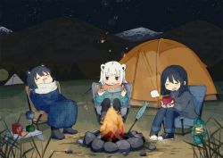 Rule 34 | 156m, 3girls, alternate costume, animal ears, bear ears, black hair, boots, braid, campfire, camping, chair, cinders, cup, denim, eating, fish, fish (food), folding chair, food, food on face, fruit, grass, grilled fish, hair ribbon, highres, holding, holding cup, indie virtual youtuber, jeans, jitome, kumagai chihiro (kumagai chisato), kumagai chisato, lantern, laughing, mandarin orange, mountain, multiple girls, night, outdoors, pants, parka, red ribbon, ribbon, risuna (kumagai chisato), scarf, shoes, short hair, siblings, single braid, sisters, sitting, skewer, sky, sleeping, smile, sneakers, star (sky), starry sky, steam, sweater, table, tent, virtual youtuber, white hair, wrapped up