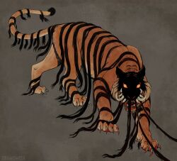 Rule 34 | animal focus, artist name, blood, blood from mouth, blood on hands, brown background, claws, commentary, constricted pupils, dream tiger (govy9807), english commentary, full body, highres, looking at viewer, monster, no humans, open mouth, original, sharp teeth, simaowl, simple background, solo, teeth, tiger, tusks, yellow eyes