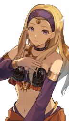 Rule 34 | 1girl, bare shoulders, blonde hair, closed mouth, commentary request, detached sleeves, dragon quest, dragon quest xi, hairband, highres, jewelry, long hair, looking at viewer, navel, neck ring, purple eyes, purple hairband, purple sleeves, ryo 09, senya (dq11), simple background, smile, solo, white background