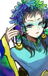 Rule 34 | 1other, androgynous, blue eyes, blue hair, dress, facepaint, facial mark, feathers, forehead mark, gnosia, green hair, headphones, highres, long hair, long sleeves, looking at viewer, makeup, multicolored hair, other focus, raqio, short hair, simple background, solo, streaked hair, tattoo, tyutyutyuur, upper body