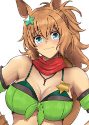 Rule 34 | 1girl, animal ears, armband, bandana, bare shoulders, blue eyes, breasts, brown gloves, brown hair, brown headwear, cleavage, commentary request, gloves, green armband, hair between eyes, hair ornament, hakase yurisuki, hands on own hips, highres, horse ears, horse girl, large breasts, long hair, looking at viewer, ponytail, red bandana, simple background, smile, solo, star (symbol), star hair ornament, taiki shuttle (umamusume), umamusume, upper body, white background