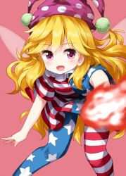 Rule 34 | 1girl, american flag, american flag dress, american flag legwear, blonde hair, clownpiece, dress, fairy, fairy wings, fire, frilled shirt collar, frills, hat, highres, jester cap, leggings, long hair, looking at viewer, neck ruff, open mouth, pantyhose, pink background, pink eyes, polka dot, pom pom (clothes), pyrokinesis, ruu (tksymkw), short sleeves, simple background, smile, solo, standing, star (symbol), star print, striped clothes, striped dress, striped pantyhose, touhou, v-shaped eyebrows, very long hair, wings