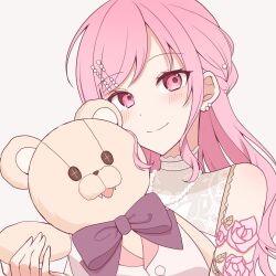 Rule 34 | 1girl, blush, bow, bowtie, closed mouth, commentary request, dot nose, fangs, flower, hair ornament, hairpin, highres, long hair, looking at viewer, official alternate costume, official alternate hair length, official alternate hairstyle, ootori emu, open mouth, pink eyes, pink flower, pink hair, project sekai, simple background, smile, solo, split mouth, stuffed animal, stuffed toy, suiu, teddy bear, tonari ni tatsu yasashii anata e (project sekai)