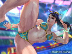 Rule 34 | 1girl, armpits, ass, bikini, black hair, bracelet, breasts, capcom, china dress, chinese clothes, chun-li, cleavage, collarbone, colored skin, dress, earrings, fantasy, fighting stance, jewelry, judash137, kicking, large breasts, long hair, looking at viewer, navel, open mouth, parted lips, short hair, solo, street fighter, sweat, swimsuit, thick thighs, thighs, toned, wet, white skin