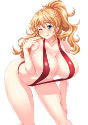 Rule 34 | 1girl, bent over, blonde hair, blue eyes, breasts, cleavage, excellen browning, highres, huge breasts, long hair, sideboob, simple background, slingshot swimsuit, solo, super robot wars, swimsuit, white background, wink