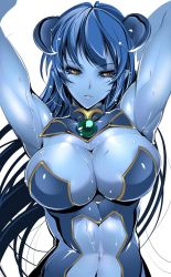 Rule 34 | 1girl, armpits, arms up, astaroth (shinrabanshou), black sclera, blue hair, blue skin, bowalia, breasts, cleavage, colored sclera, colored skin, demon girl, demon horns, earrings, eyelashes, female focus, horns, jewelry, large breasts, long hair, looking at viewer, muscle, muscular, muscular female, navel, pointy ears, shinrabanshou, simple background, skindentation, solo, sweat, toned, tsurime, white background, yellow eyes
