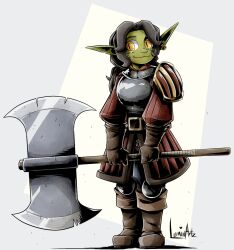 Rule 34 | 1girl, armor, artist name, axe, black hair, boots, breastplate, brown footwear, colored skin, commentary, earrings, english commentary, female goblin, full body, goblin, green skin, highres, holding, holding axe, huge weapon, jewelry, knee pads, long hair, lumin artz, original, pointy ears, signature, single earring, slit pupils, smile, solo, weapon, yellow eyes