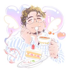 Rule 34 | 1boy, ^ ^, bara, black hair, blush, cake, closed eyes, cropped torso, cup, facial hair, food, goatee stubble, happy, highres, holding, holding cup, isuke, male focus, mini wings, original, pastel colors, short hair, sideburns stubble, solo, strawberry shortcake, stubble, teacup, thick eyebrows, utensil in mouth, wings