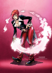 Rule 34 | 1girl, bent over, boots, breasts, cleavage, collar, eyeshadow, fernando kazuo miyahara, gender request, genderswap, hand on own hip, jacket, lips, makeup, navel, no bra, pants, red fire, red hair, short hair, solo, the king of fighters, watermark, web address, yagami iori, yellow eyes
