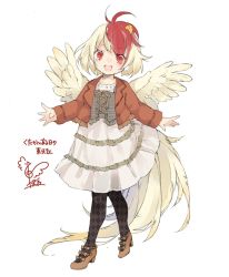 Rule 34 | 1girl, :d, alternate costume, animal, animal on head, bird, black pantyhose, blonde hair, brown footwear, brown jacket, casual, chick, commentary request, contemporary, cross-laced clothes, dress, feathered wings, full body, high heels, jacket, long sleeves, looking at viewer, multicolored hair, niwatari kutaka, no nose, on head, open clothes, open jacket, open mouth, pantyhose, red eyes, red hair, short hair, signature, simple background, smile, solo, standing, touhou, toutenkou, translation request, two-tone hair, white background, white dress, wings, yellow wings