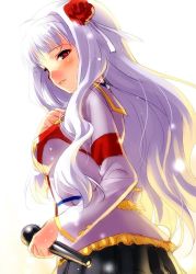 Rule 34 | 1girl, blush, breasts, hairband, idolmaster, idolmaster (classic), idolmaster movie, long hair, looking at viewer, looking back, microphone, parted lips, purple eyes, shijou takane, silver hair, skirt, smile, solo, zen