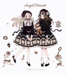 Rule 34 | 2girls, :o, angel print, ankle socks, black bow, black bowtie, black capelet, black dress, black eyeshadow, black footwear, black hat, blonde hair, blunt bangs, blush stickers, bottle, bow, bow legwear, bow print, bowtie, brown hair, buttons, capelet, clock, collar, collared dress, dress, english text, envelope, eyepatch, eyeshadow, flower, footwear bow, frilled capelet, frilled dress, frilled headwear, frilled socks, frills, full body, gold bow, gothic lolita, grey eyes, hair lift, hand mirror, hat, hat bow, hat flower, head scarf, high heels, highres, holding, holding stuffed toy, kneehighs, lace, lace-trimmed dress, lace trim, lolita fashion, long hair, long sleeves, looking at another, makeup, mary janes, mirror, multiple girls, open mouth, original, own hands together, perfume bottle, pumps, putong xiao gou, quill, red lips, rose, shoes, short dress, smile, socks, solo, straight hair, striped, striped bow, stuffed animal, stuffed toy, teddy bear, teeth, upper teeth only, watch, white background, white collar, white flower, white rose, white socks, wristwatch