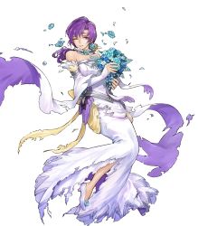 Rule 34 | 1girl, bare shoulders, blue flower, blue rose, bouquet, breasts, detached collar, detached sleeves, dress, feather trim, female focus, fire emblem, fire emblem: the binding blade, fire emblem heroes, flower, full body, hair ornament, high heels, highres, holding, holding bouquet, juno (fire emblem), long hair, long skirt, low ponytail, matching hair/eyes, medium breasts, nintendo, official art, one eye closed, purple eyes, purple hair, rose, skirt, solo, strapless, strapless dress, torn clothes, torn dress, torn skirt, transparent background, uroko (mnr), wedding dress, white dress, white footwear, wince